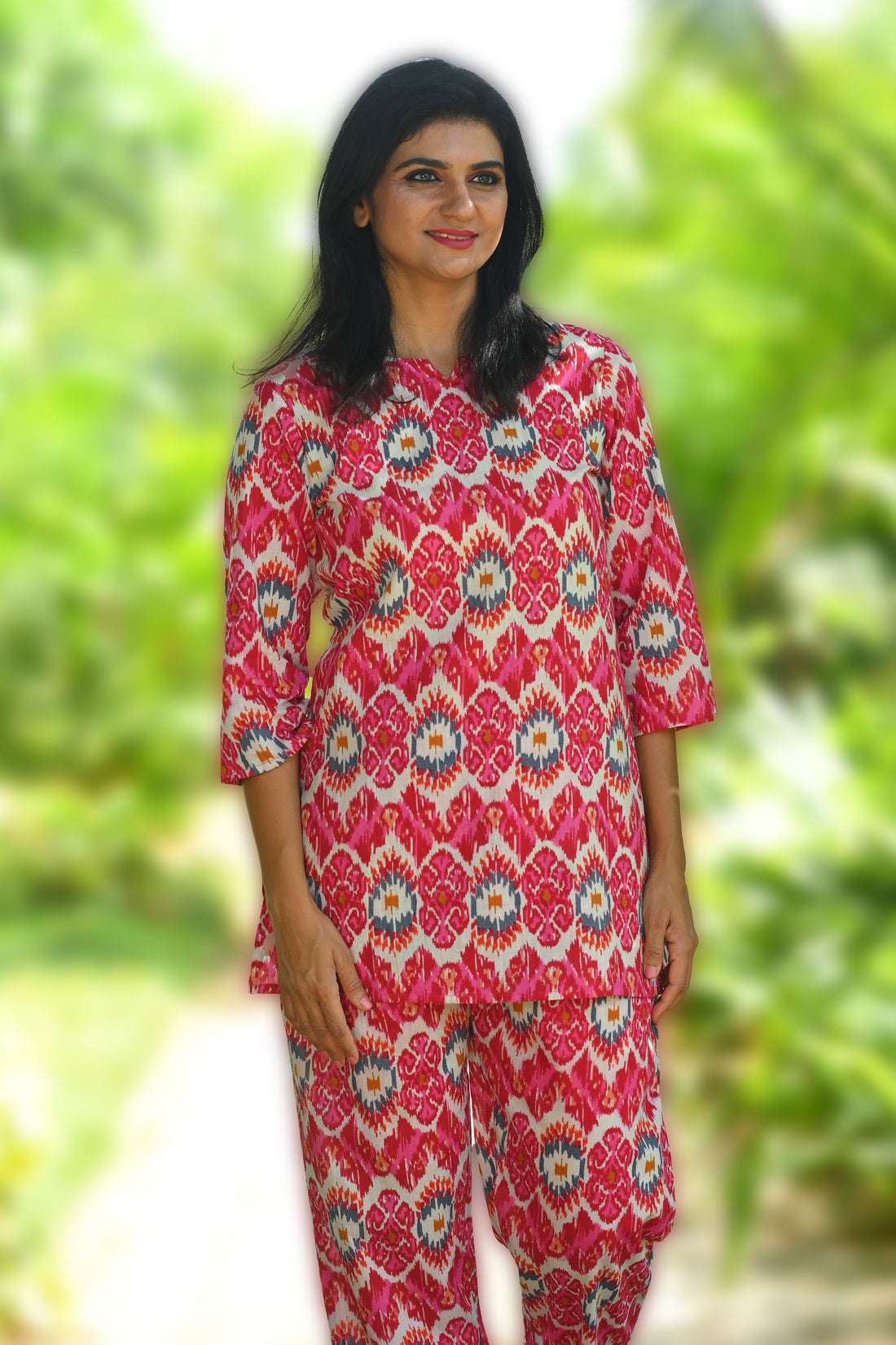 Pink Ikat Cotton Printed Pyjama Set