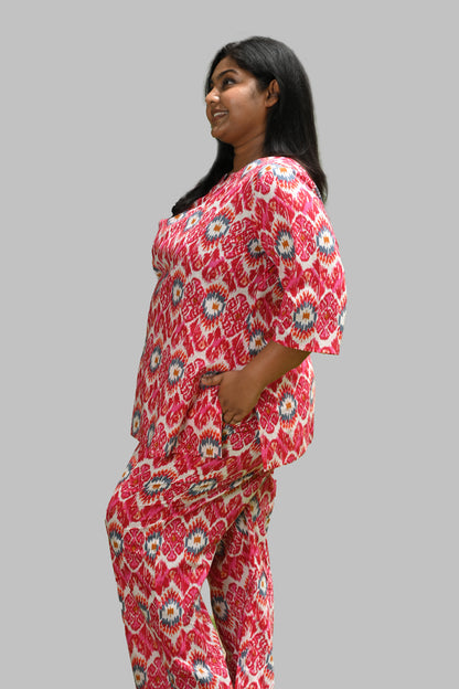 Pink Ikat Plus Size Cotton Printed Pyjama Set