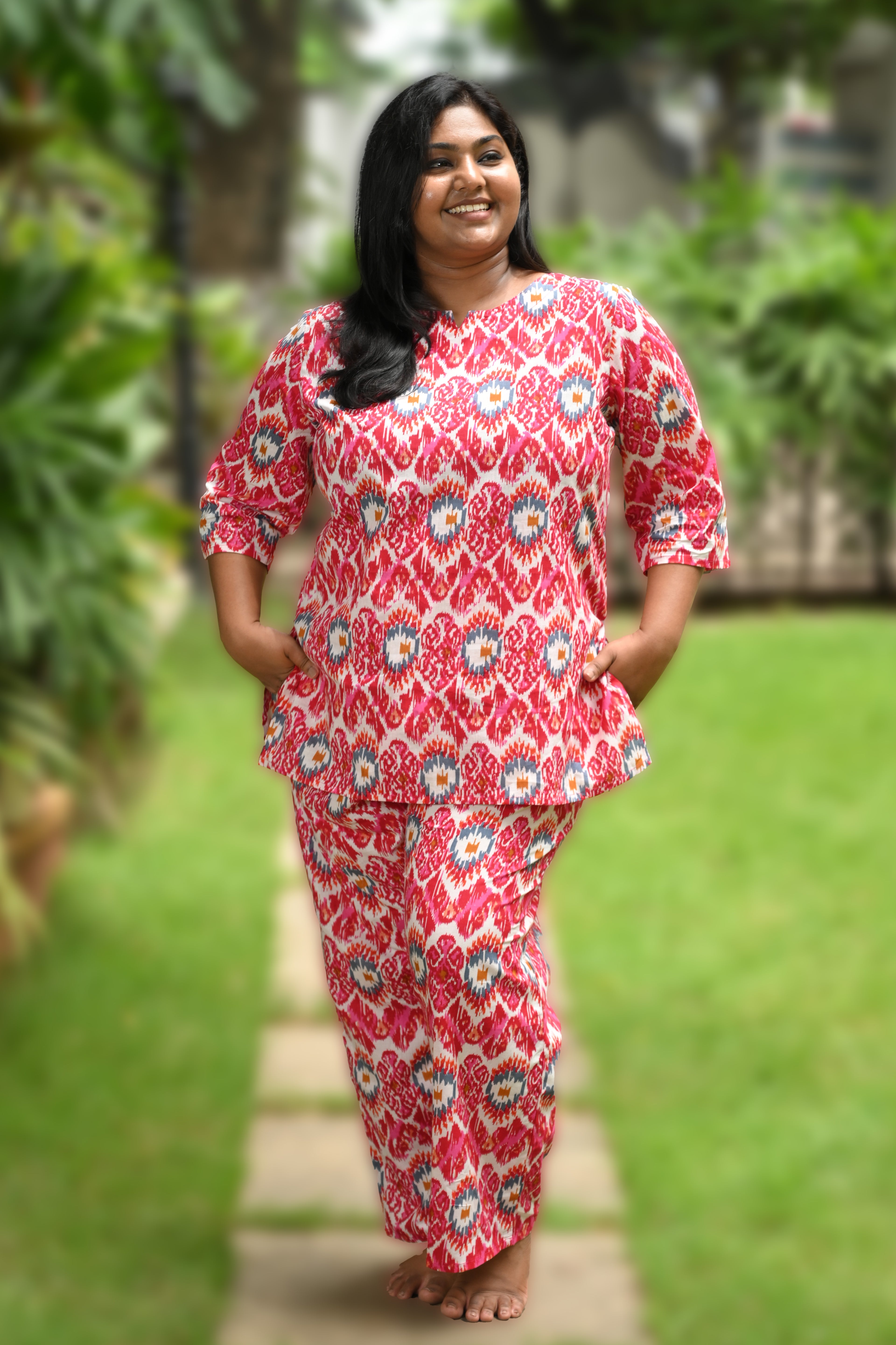 Pink Ikat Plus Size Cotton Printed Pyjama Set