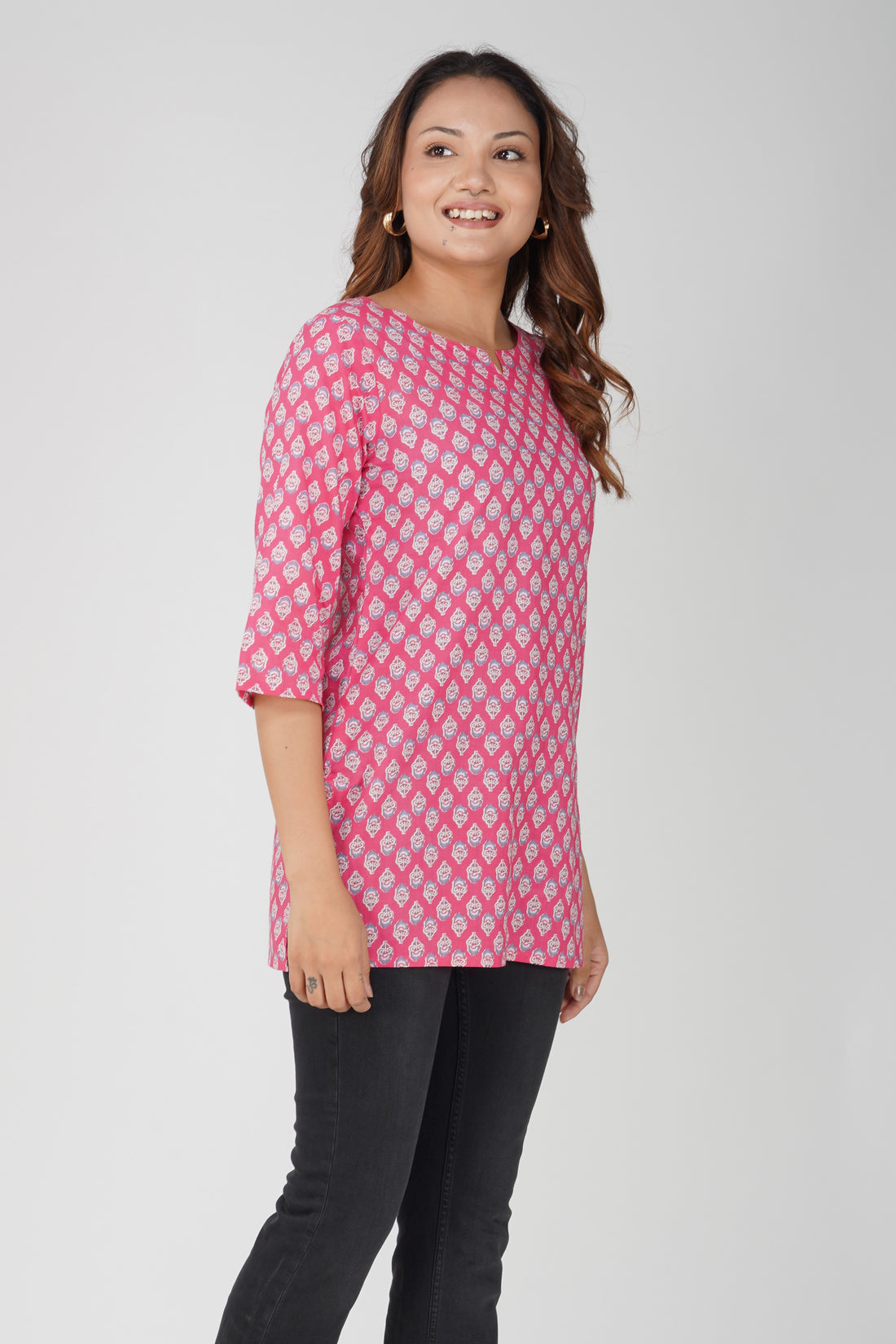 Pink Cotton Printed Kurti