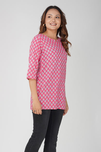 Pink Cotton Printed Kurti