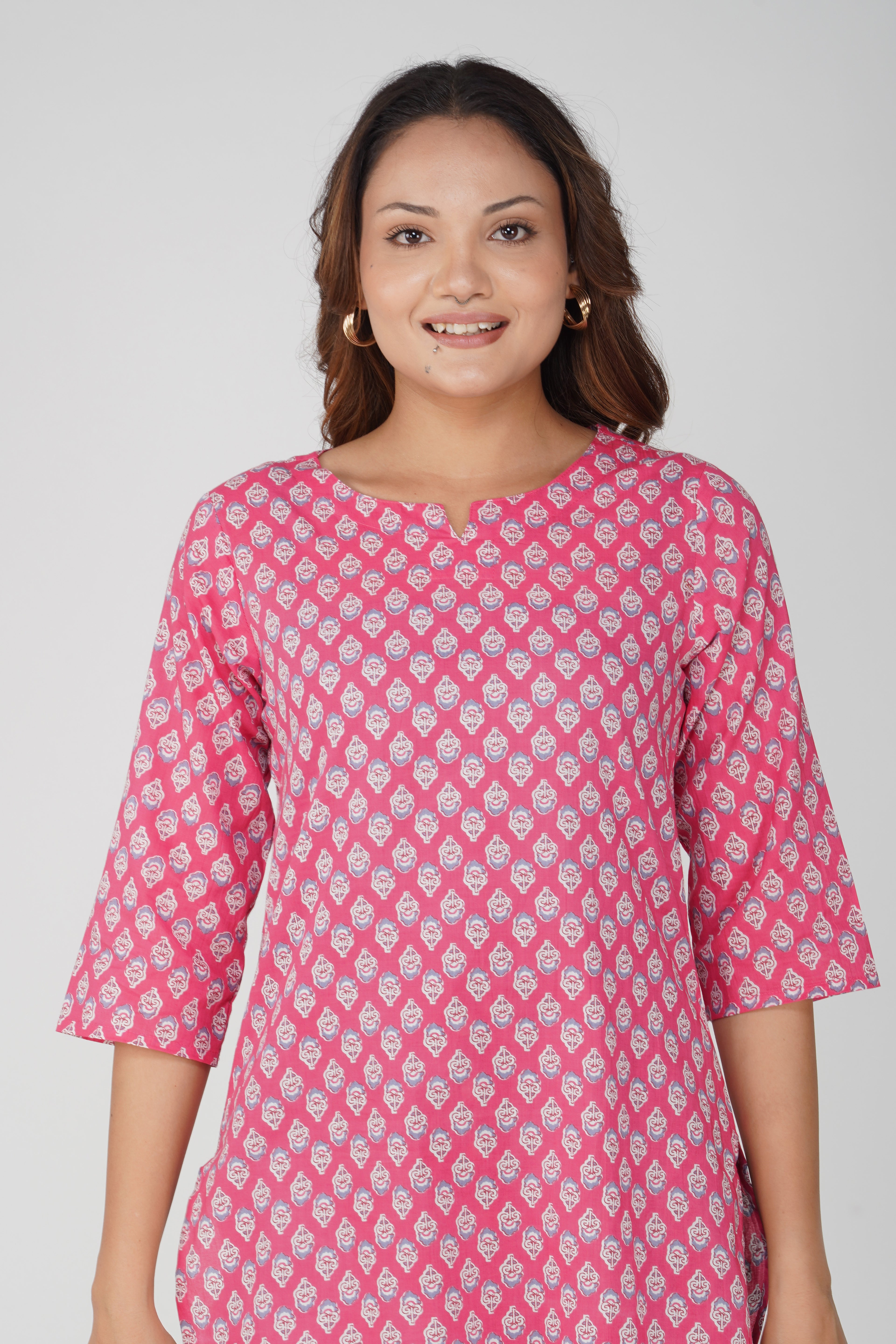 Pink Cotton Printed Kurti