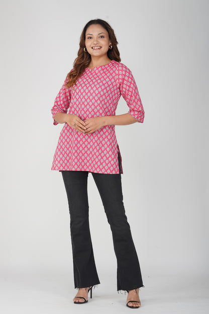 Pink Cotton Printed Kurti