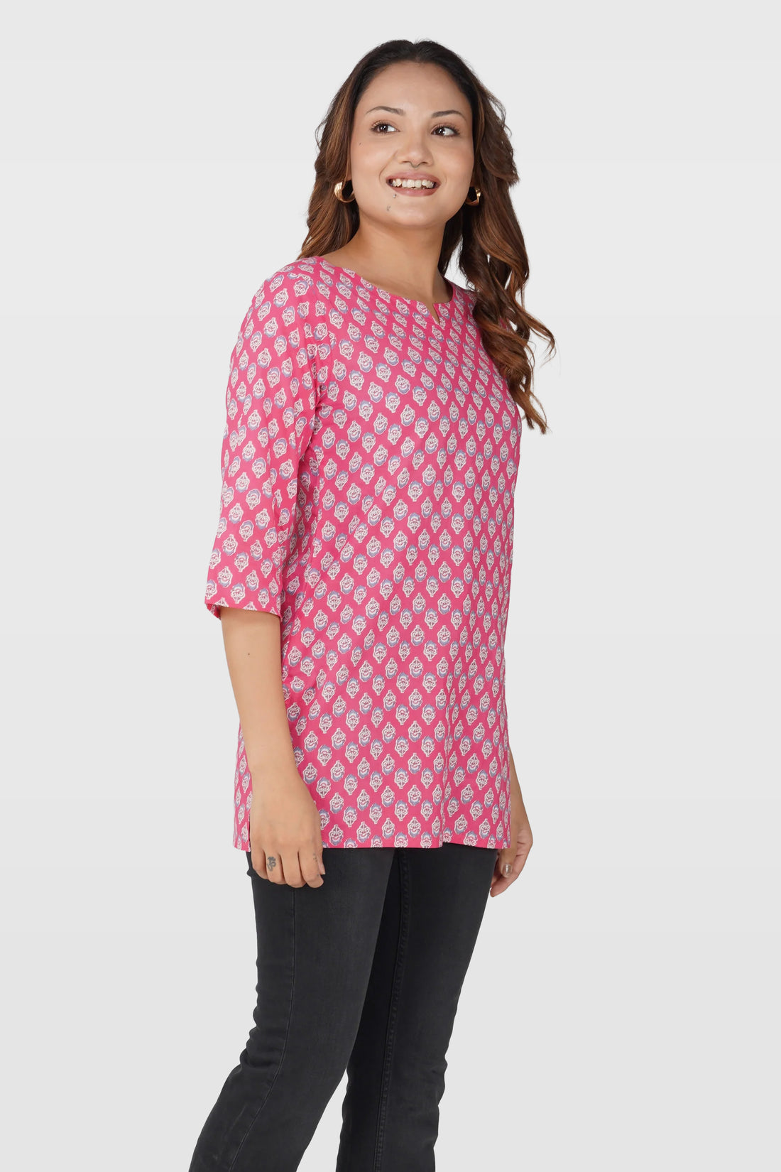 Pink Cotton Printed Kurti