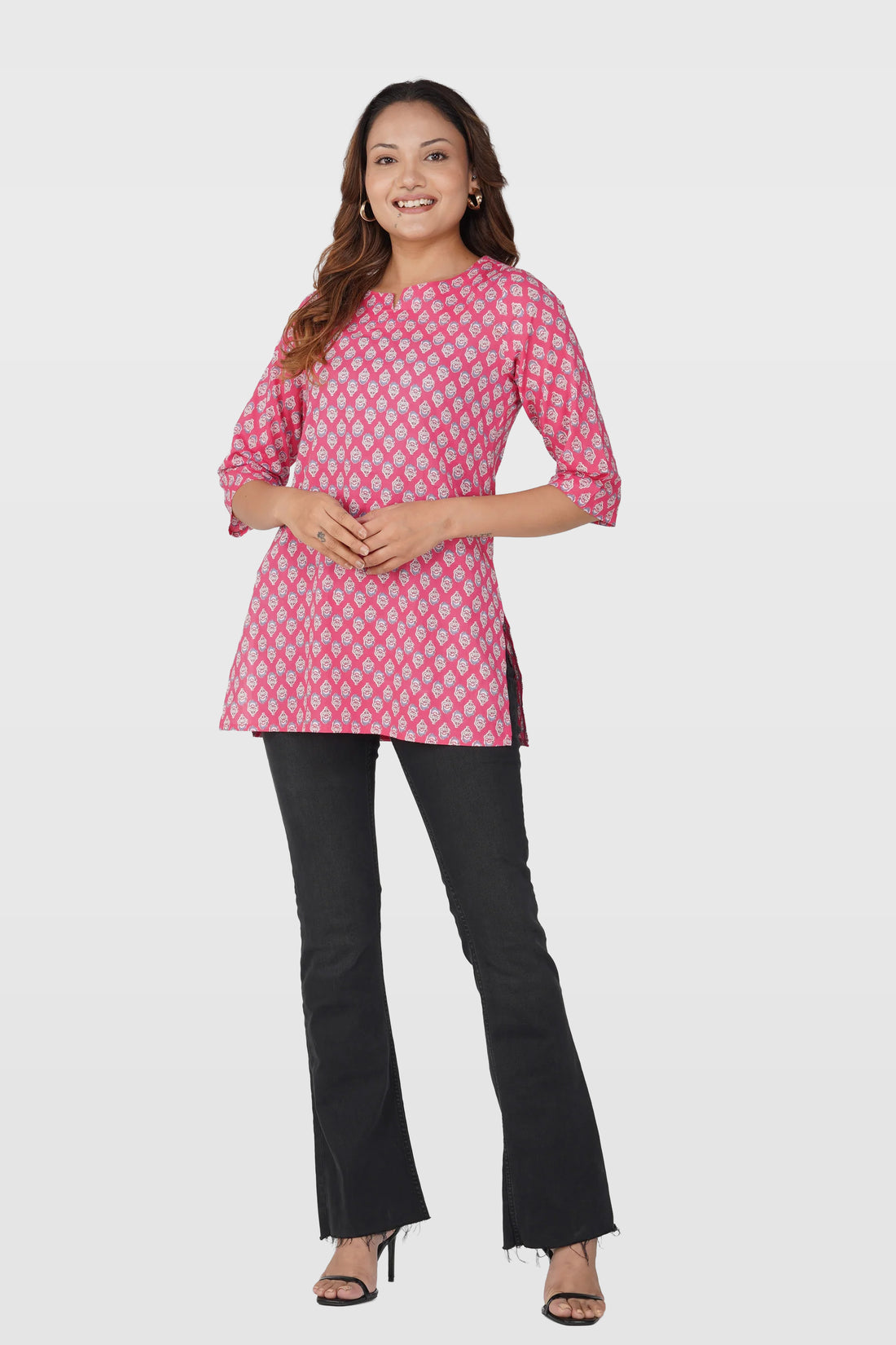 Pink Cotton Printed Kurti