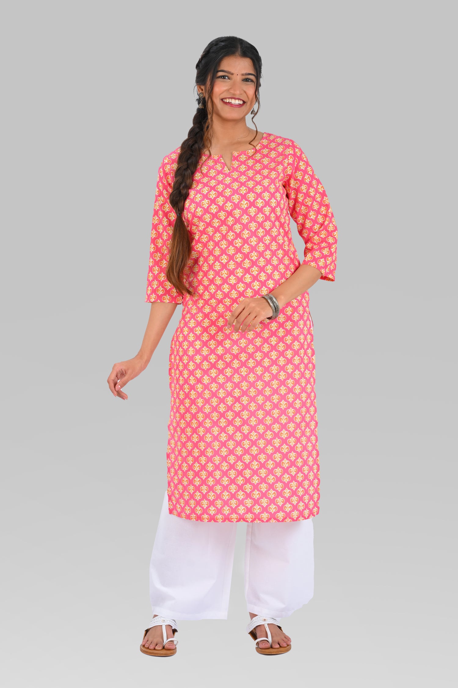 Pink Cotton Printed Long Kurta