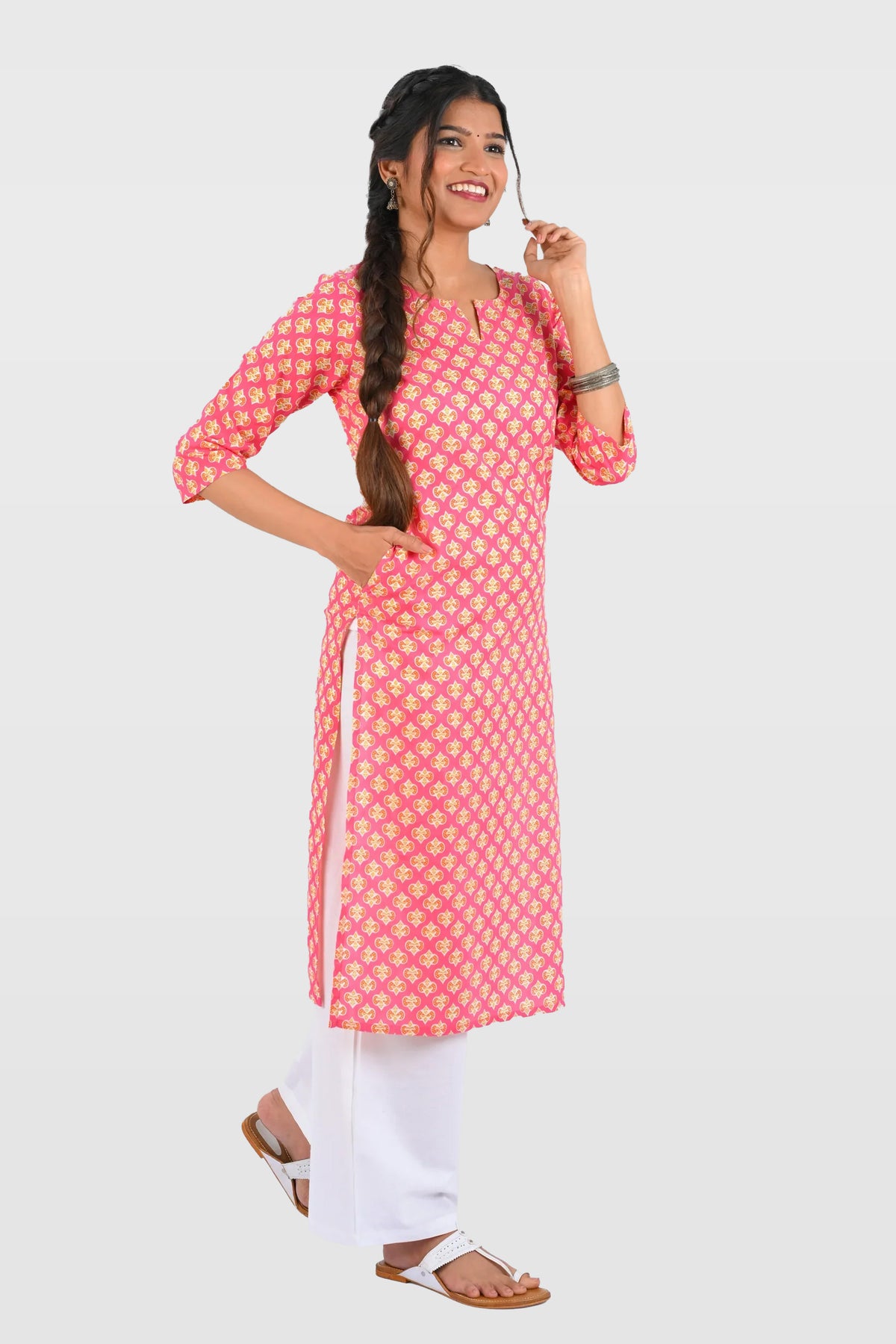 Pink Cotton Printed Long Kurta