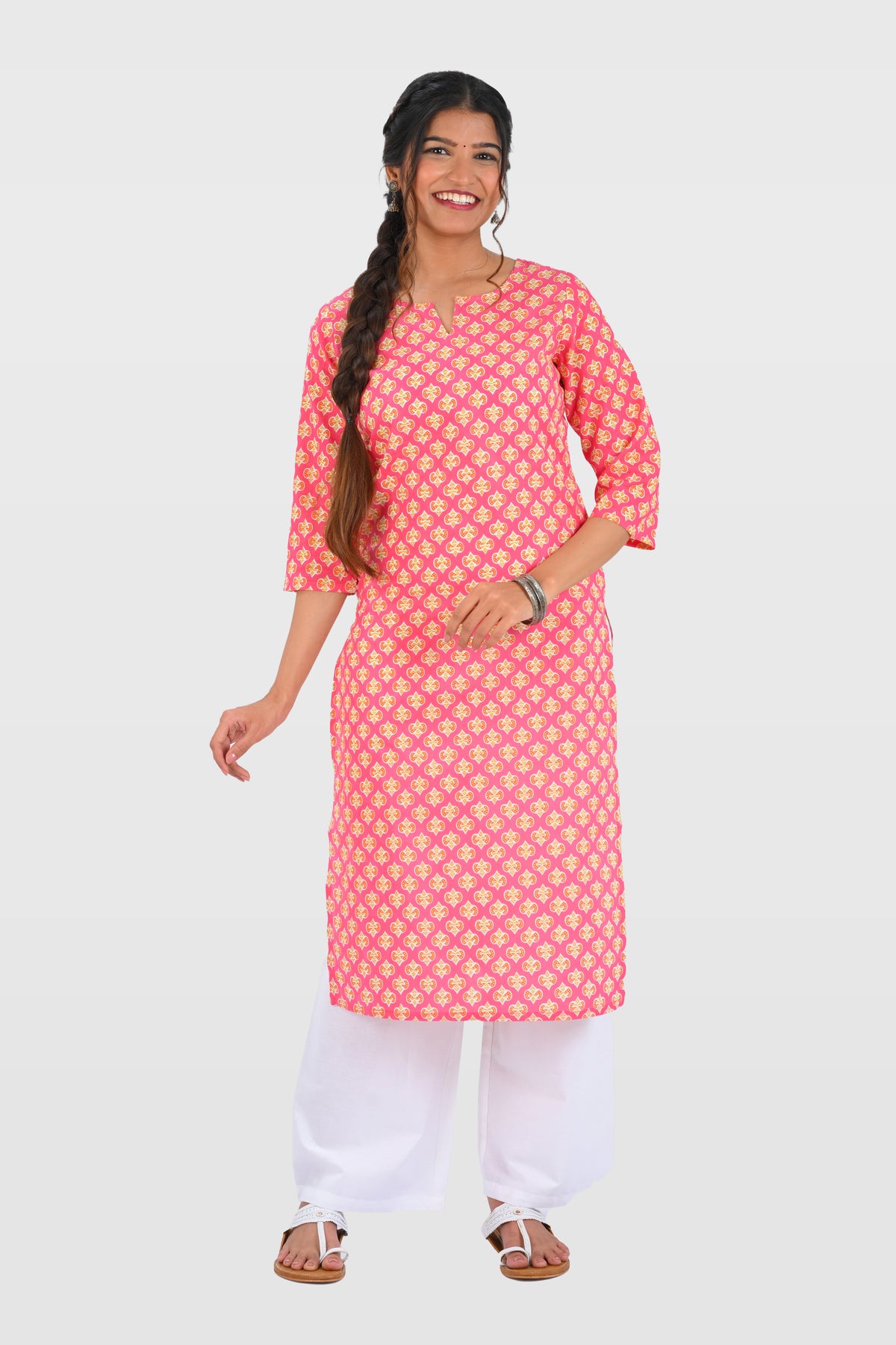 Pink Cotton Printed Long Kurta