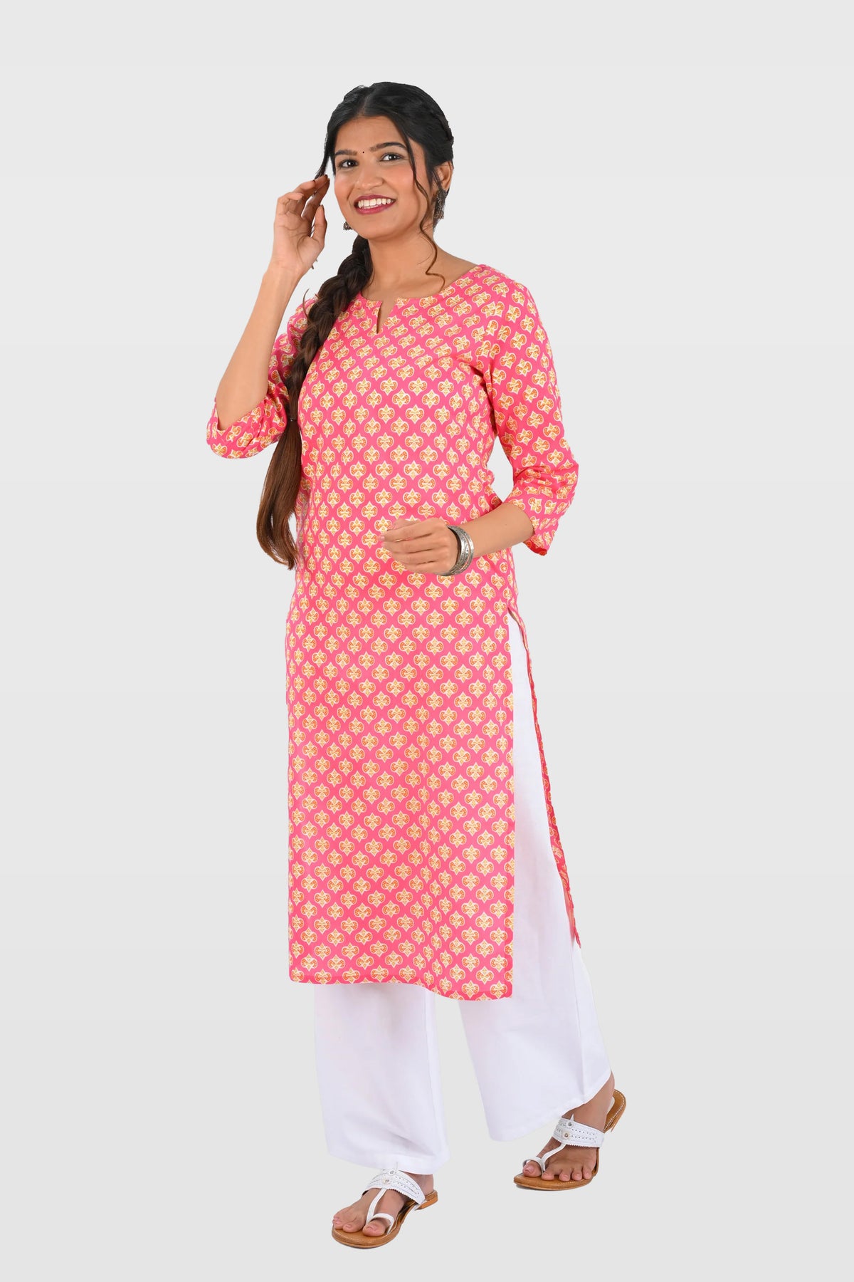 Pink Cotton Printed Long Kurta