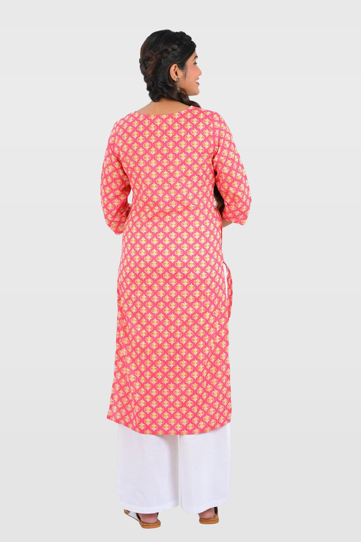 Pink Cotton Printed Long Kurta