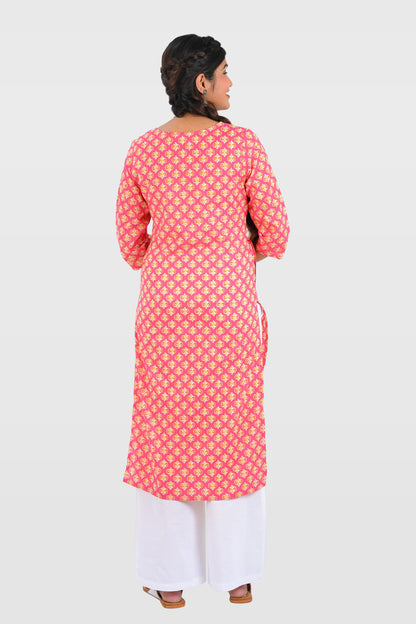 Pink Cotton Printed Long Kurta