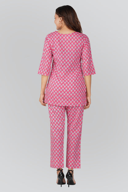Pink Cotton Printed Pyjama Set