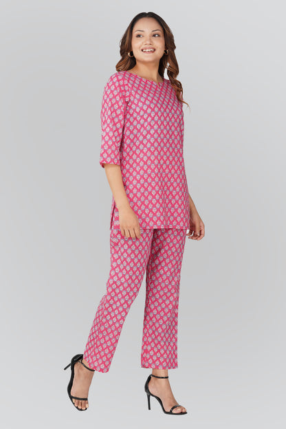 Pink Cotton Printed Pyjama Set