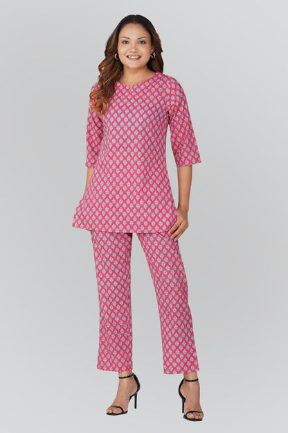 Pink Cotton Printed Pyjama Set