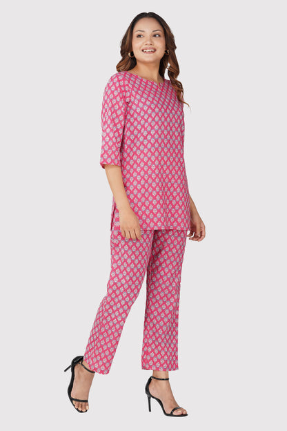 Pink Cotton Printed Pyjama Set