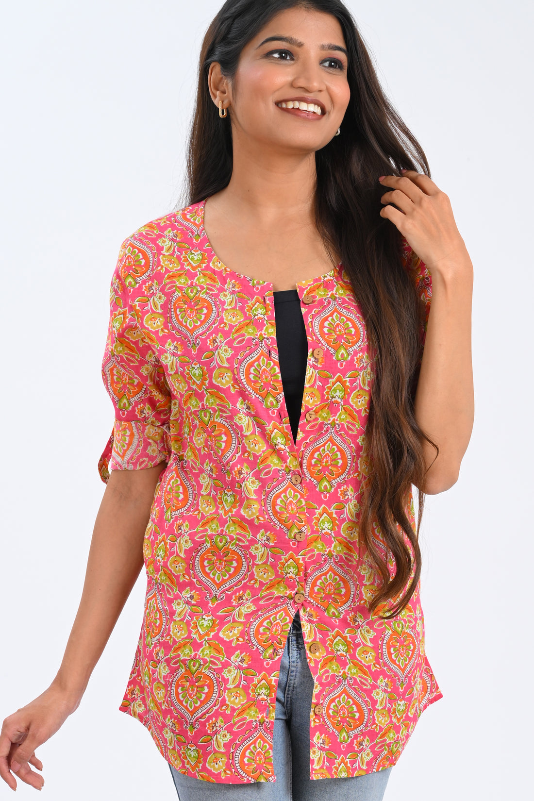 Pink Cotton Printed Short Kurti