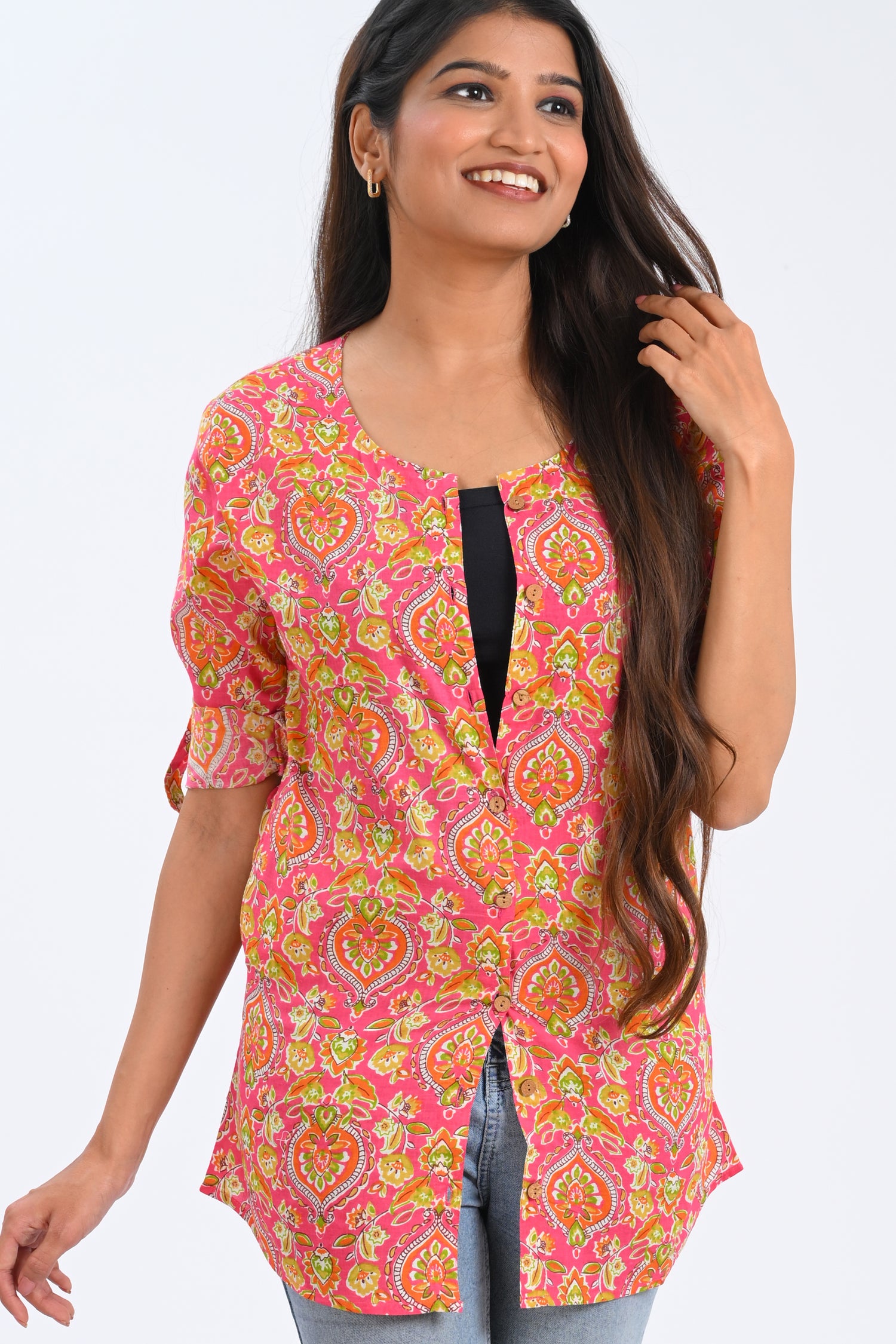 Pink Cotton Printed Short Kurti