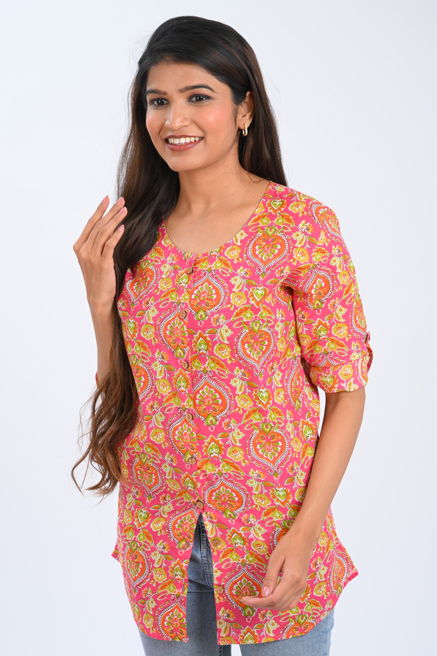 Pink Cotton Printed Short Kurti