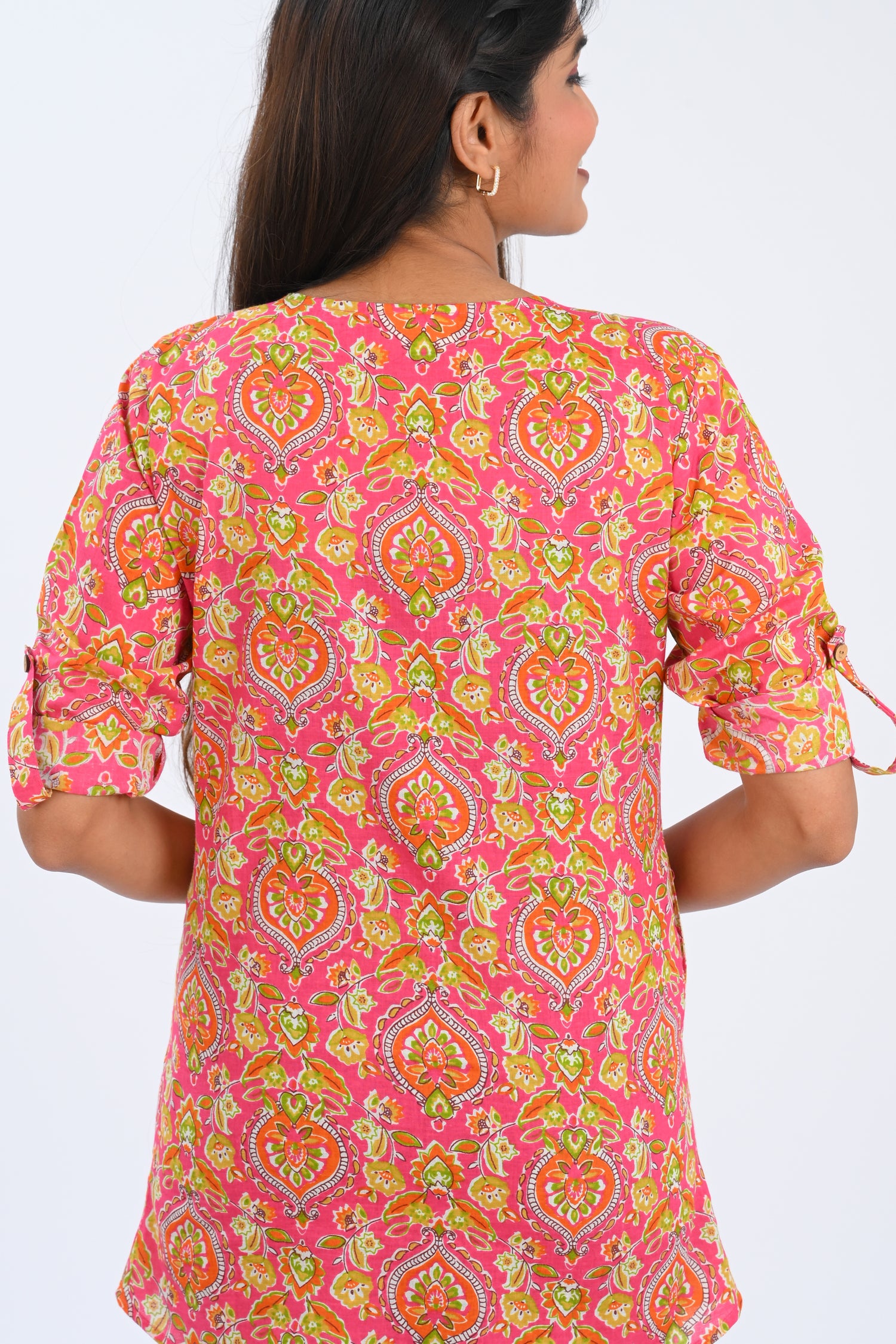 Pink Cotton Printed Short Kurti