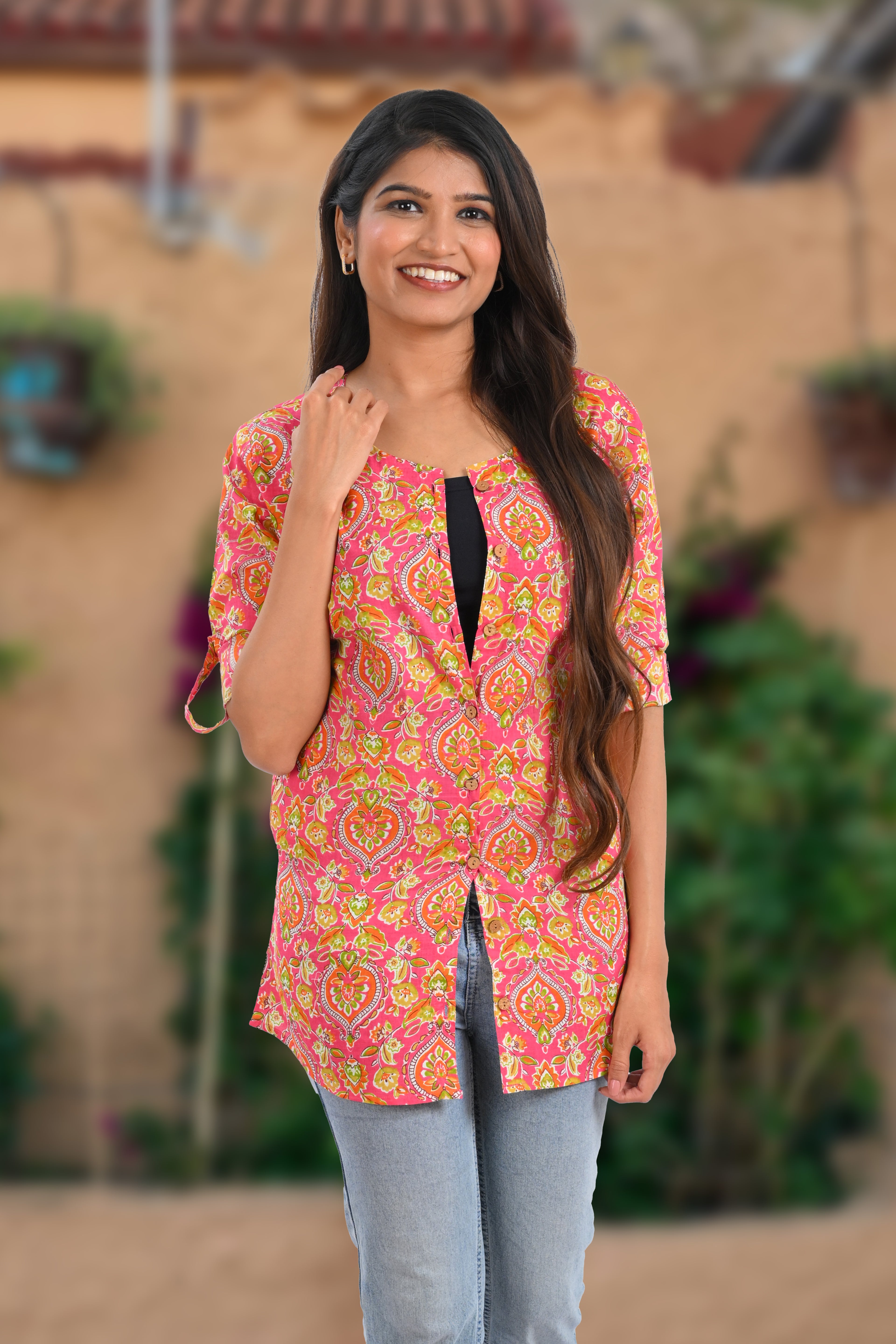 Pink Cotton Printed Short Kurti