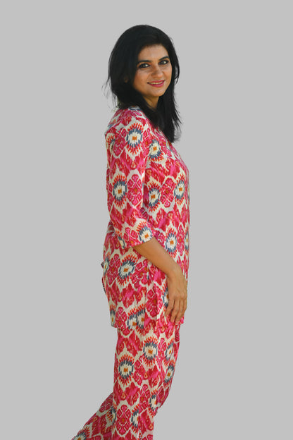 Pink Ikat Cotton Printed Pyjama Set