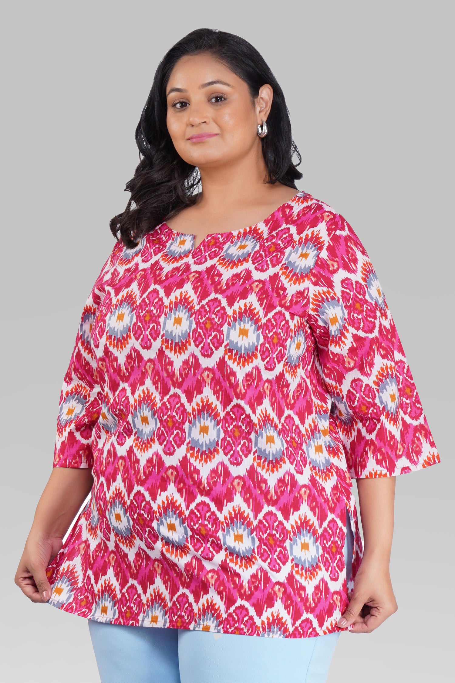 Pink Ikat Plus Size Cotton Printed Kurti