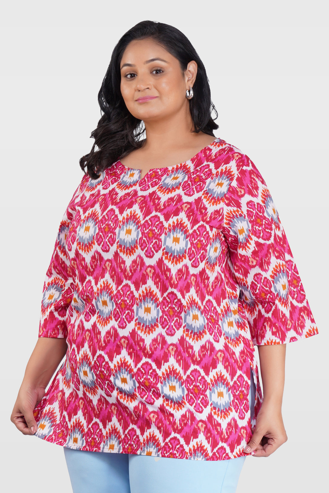 Pink Ikat Plus Size Cotton Printed Kurti