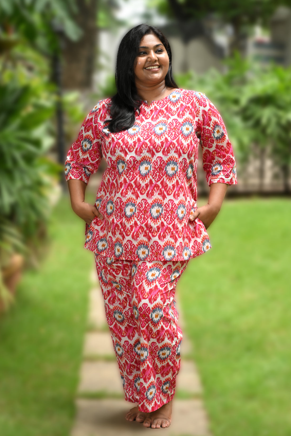 Pink Ikat Plus Size Cotton Printed Pyjama Set