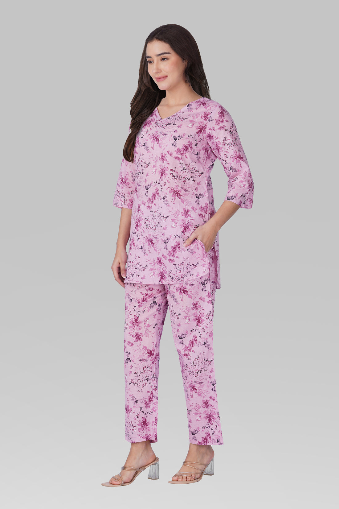 Pink Lavender V Neck Cotton Printed Pyjama Set