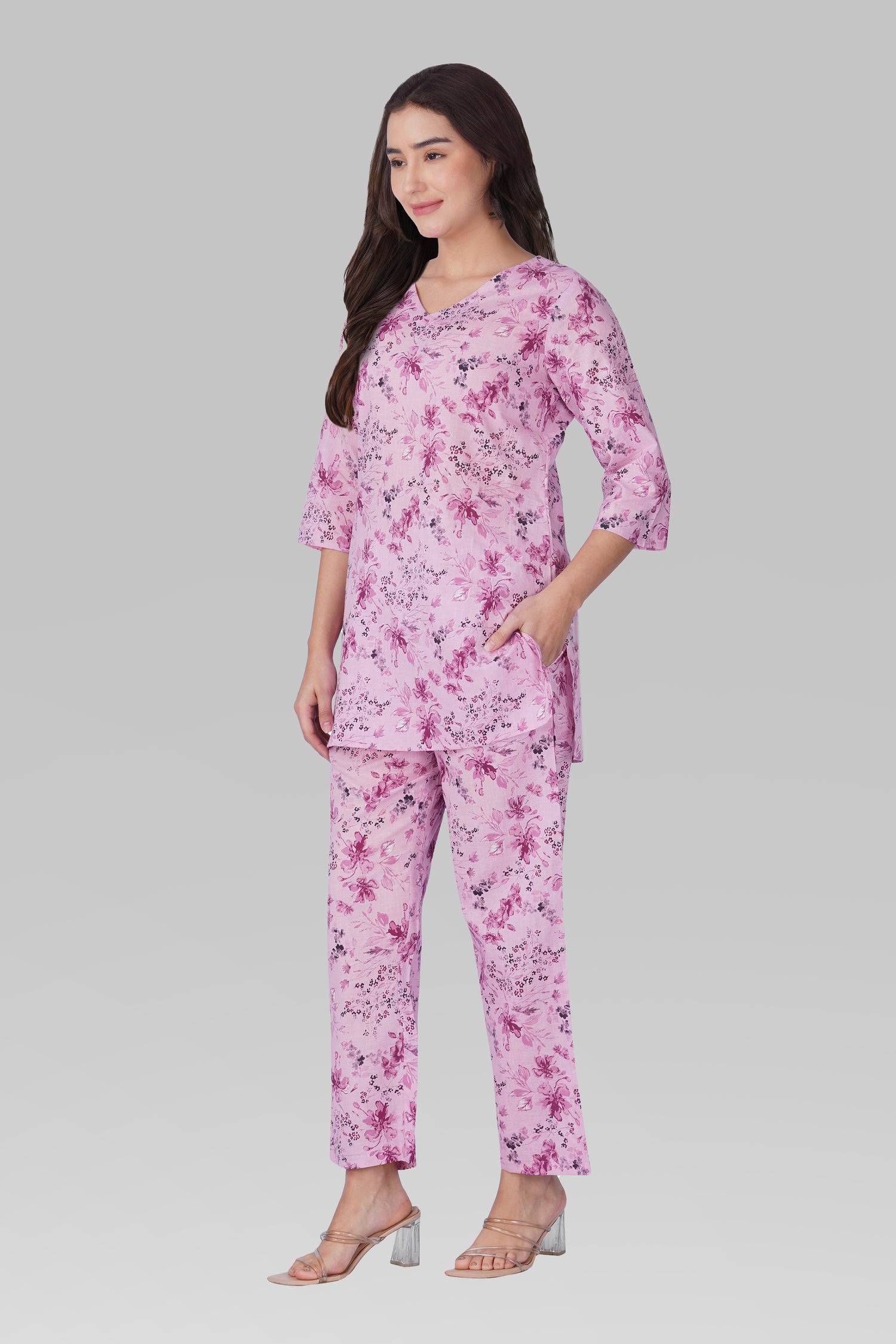 Pink Lavender V Neck Cotton Printed Pyjama Set