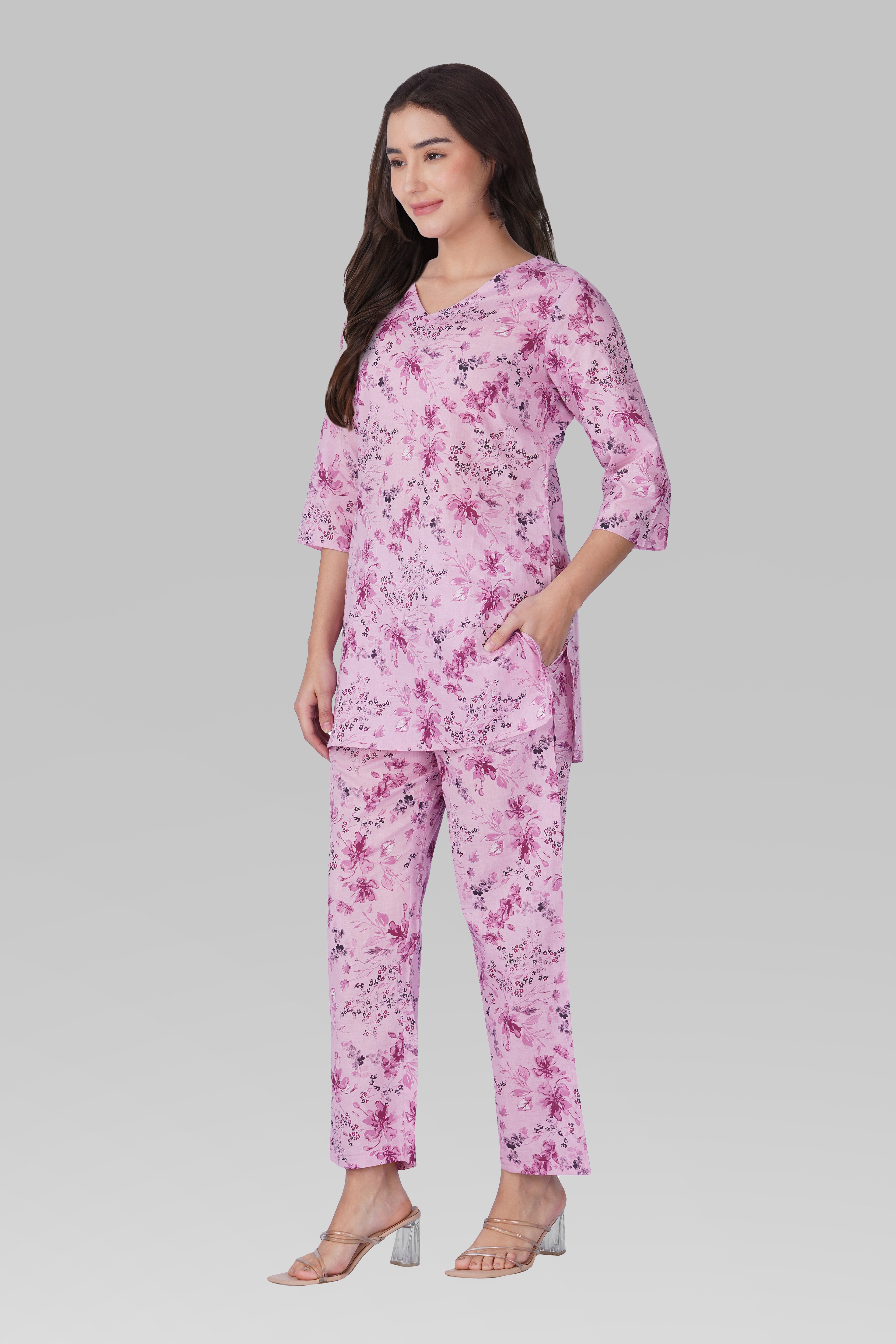 Pink Lavender V Neck Cotton Printed Pyjama Set