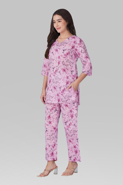 Pink Lavender V Neck Cotton Printed Pyjama Set