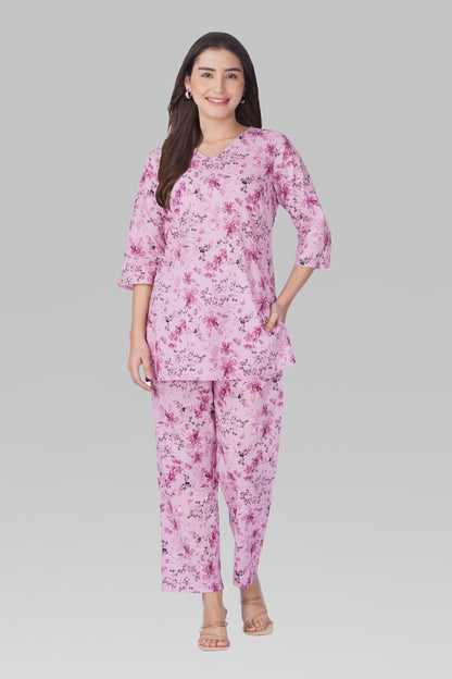 Pink Lavender V Neck Cotton Printed Pyjama Set