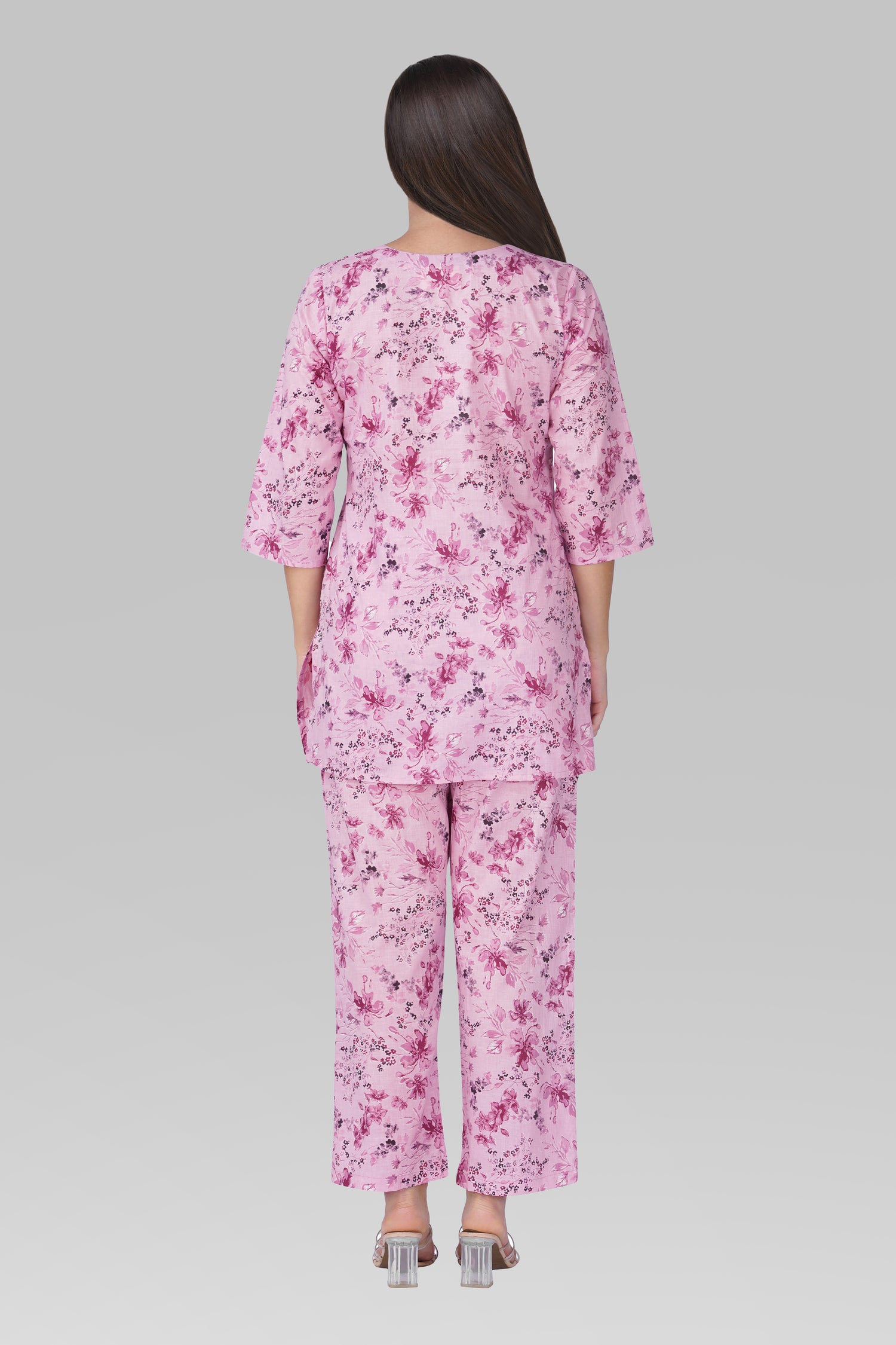 Pink Lavender V Neck Cotton Printed Pyjama Set