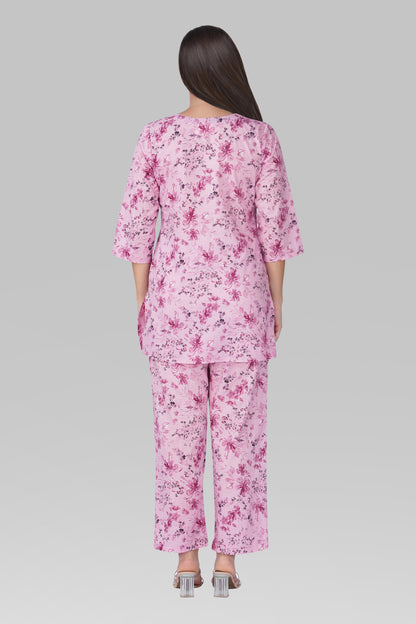 Pink Lavender V Neck Cotton Printed Pyjama Set
