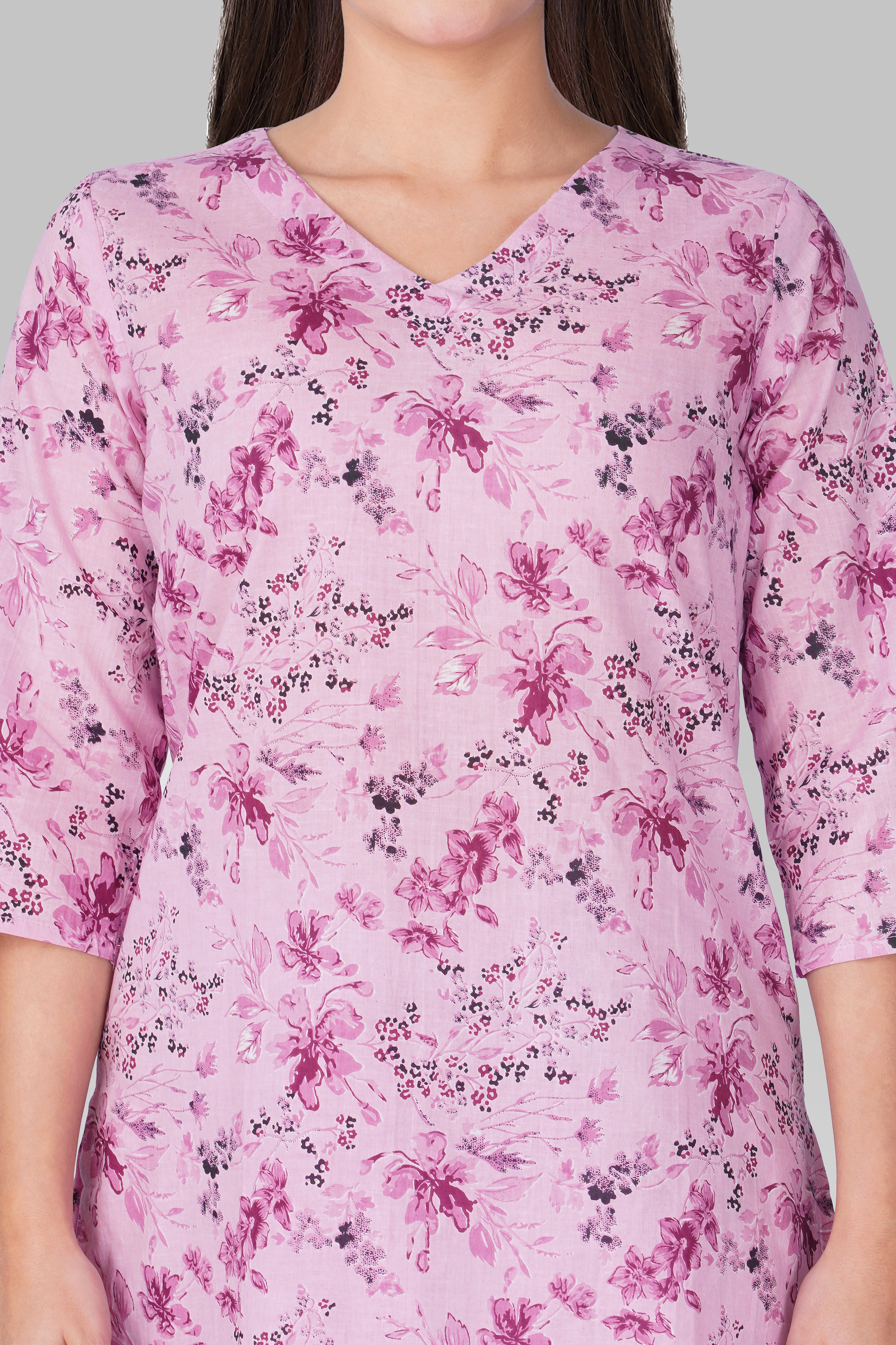 Pink Lavender V Neck Cotton Printed Pyjama Set