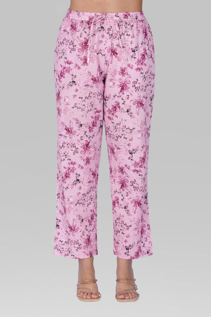 Pink Lavender V Neck Cotton Printed Pyjama Set