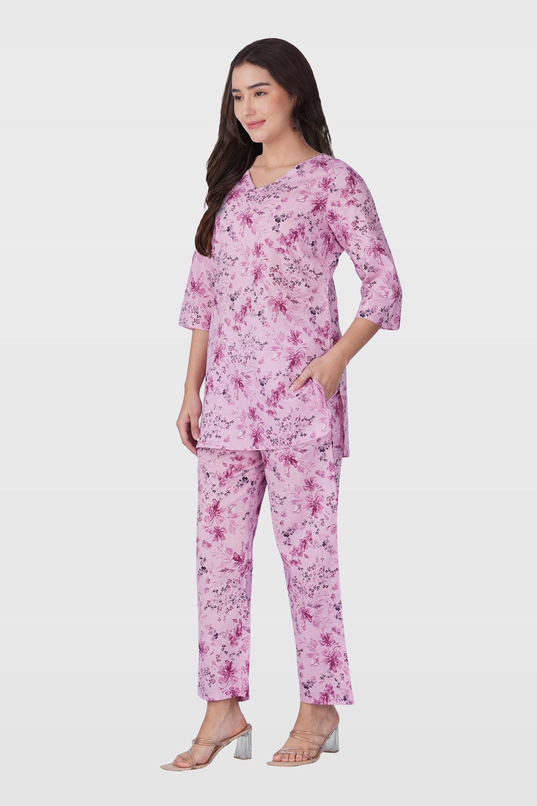 Pink Lavender V Neck Cotton Printed Pyjama Set