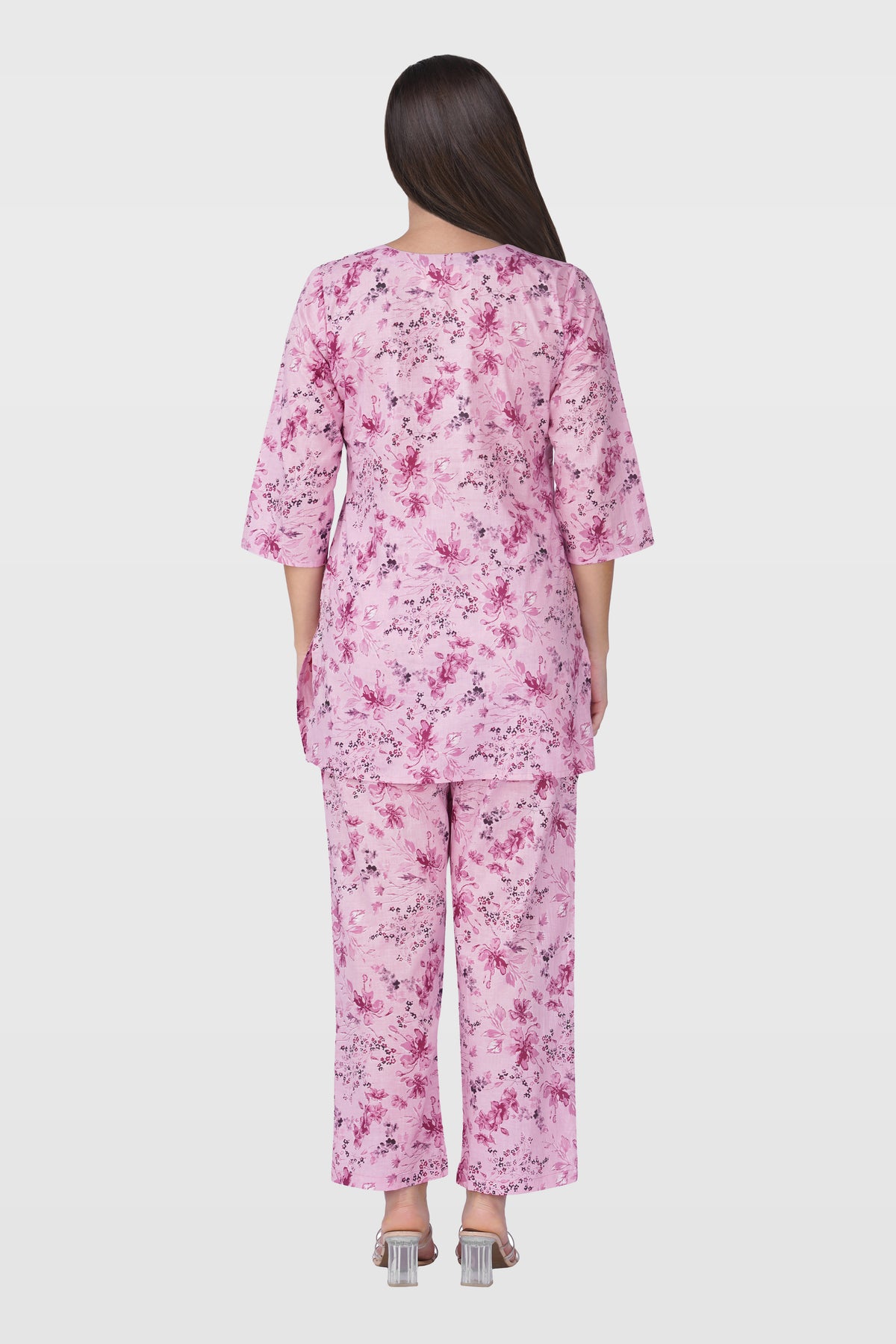 Pink Lavender V Neck Cotton Printed Pyjama Set