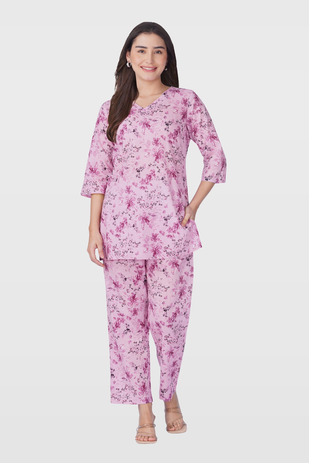 Pink Lavender V Neck Cotton Printed Pyjama Set