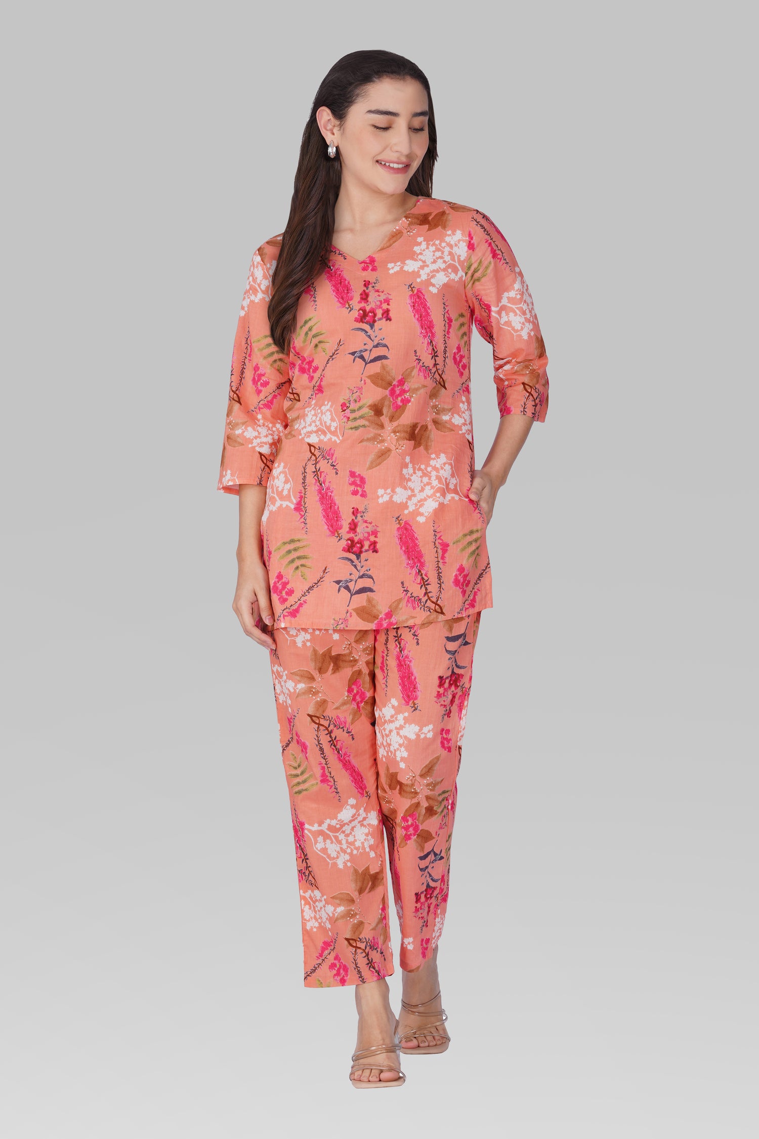 Pink Peach V Neck Cotton Printed Pyjama Set