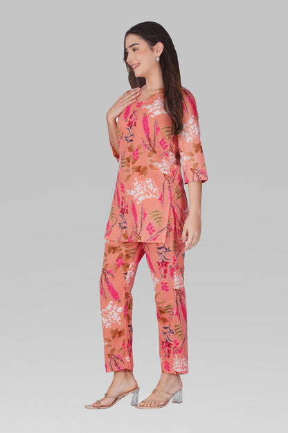 Pink Peach V Neck Cotton Printed Pyjama Set