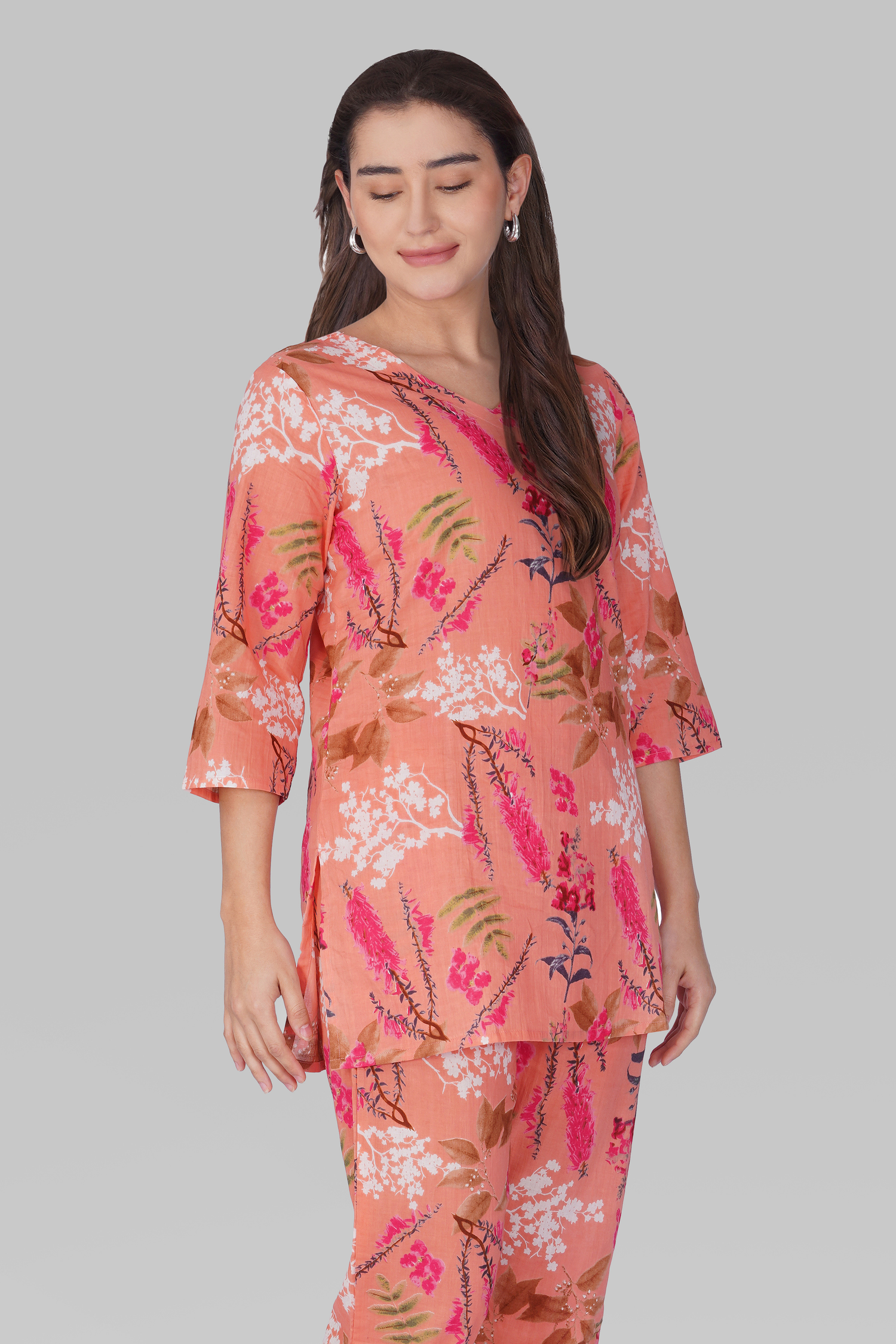 Pink Peach V Neck Cotton Printed Pyjama Set