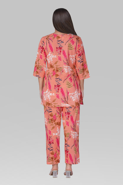 Pink Peach V Neck Cotton Printed Pyjama Set