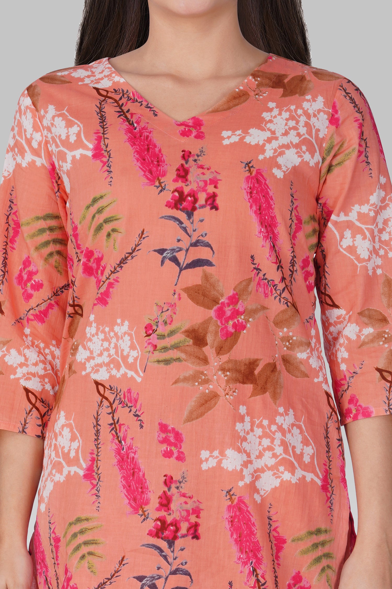 Pink Peach V Neck Cotton Printed Pyjama Set