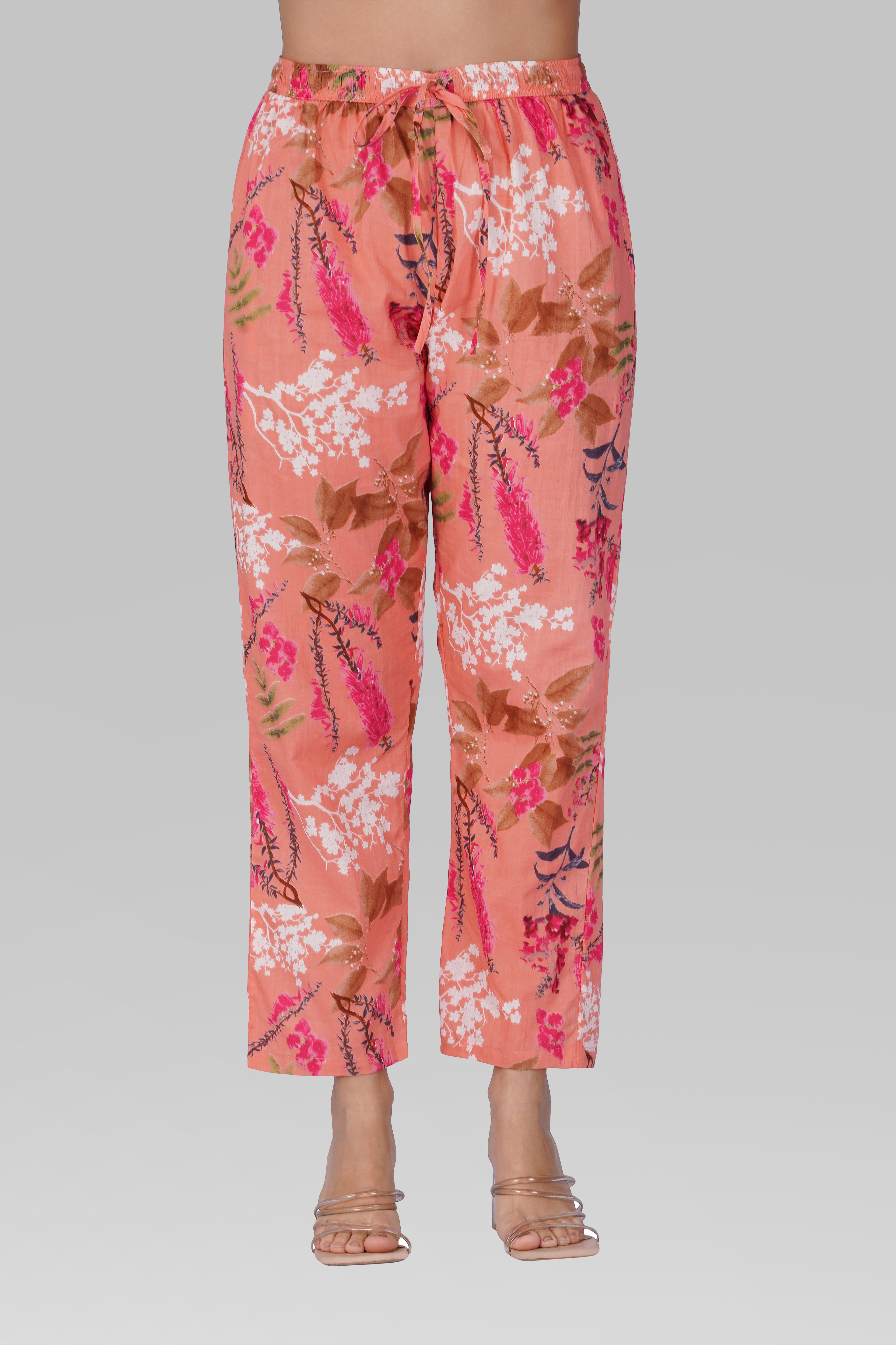 Pink Peach V Neck Cotton Printed Pyjama Set