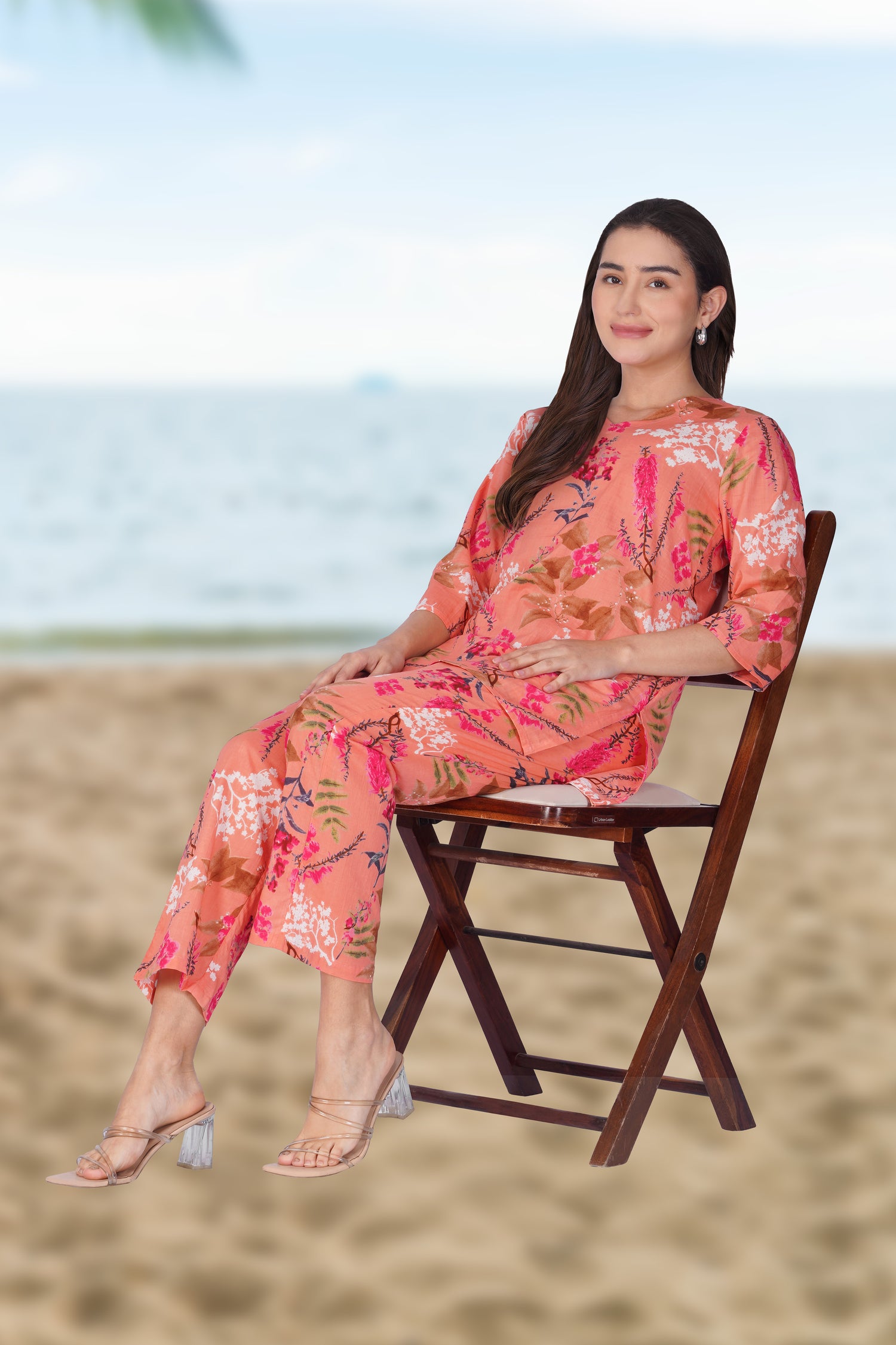 Pink Peach V Neck Cotton Printed Pyjama Set