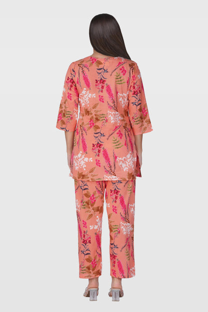 Pink Peach V Neck Cotton Printed Pyjama Set