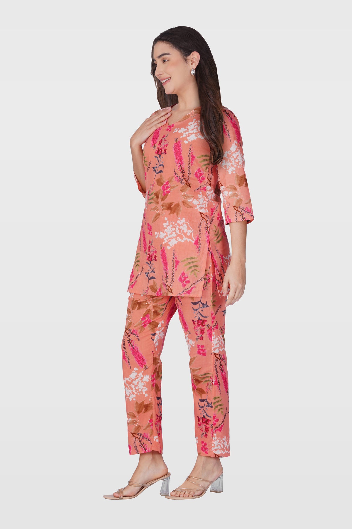 Pink Peach V Neck Cotton Printed Pyjama Set