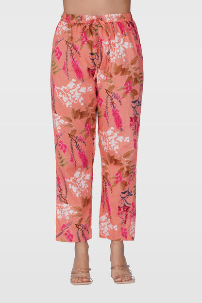 Pink Peach V Neck Cotton Printed Pyjama Set